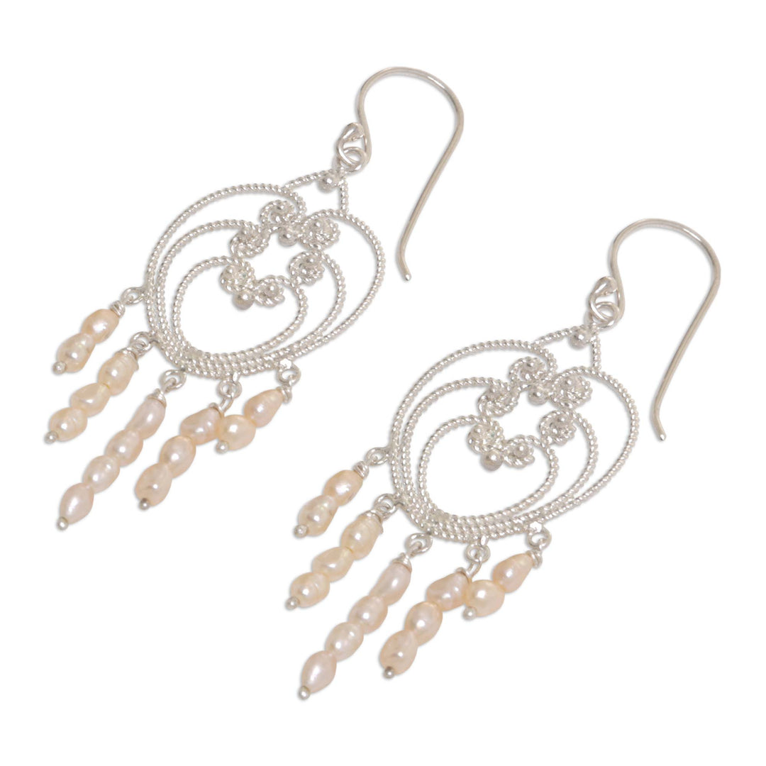 Heart Shaped Sterling Silver Pearl Chandelier Earrings - Rose Romance