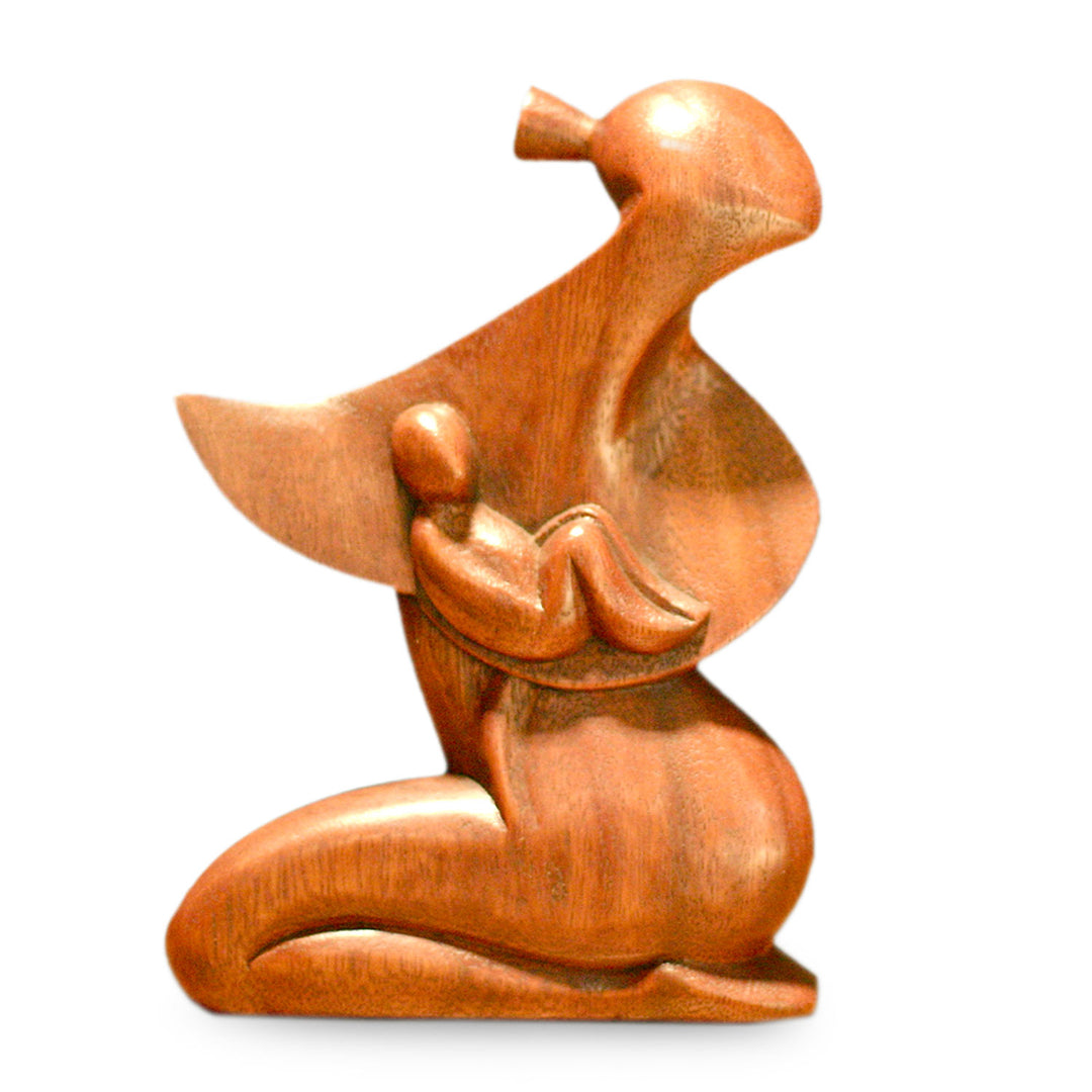 Handcrafted Mother and Child Wood Sculpture - A Mother's Love