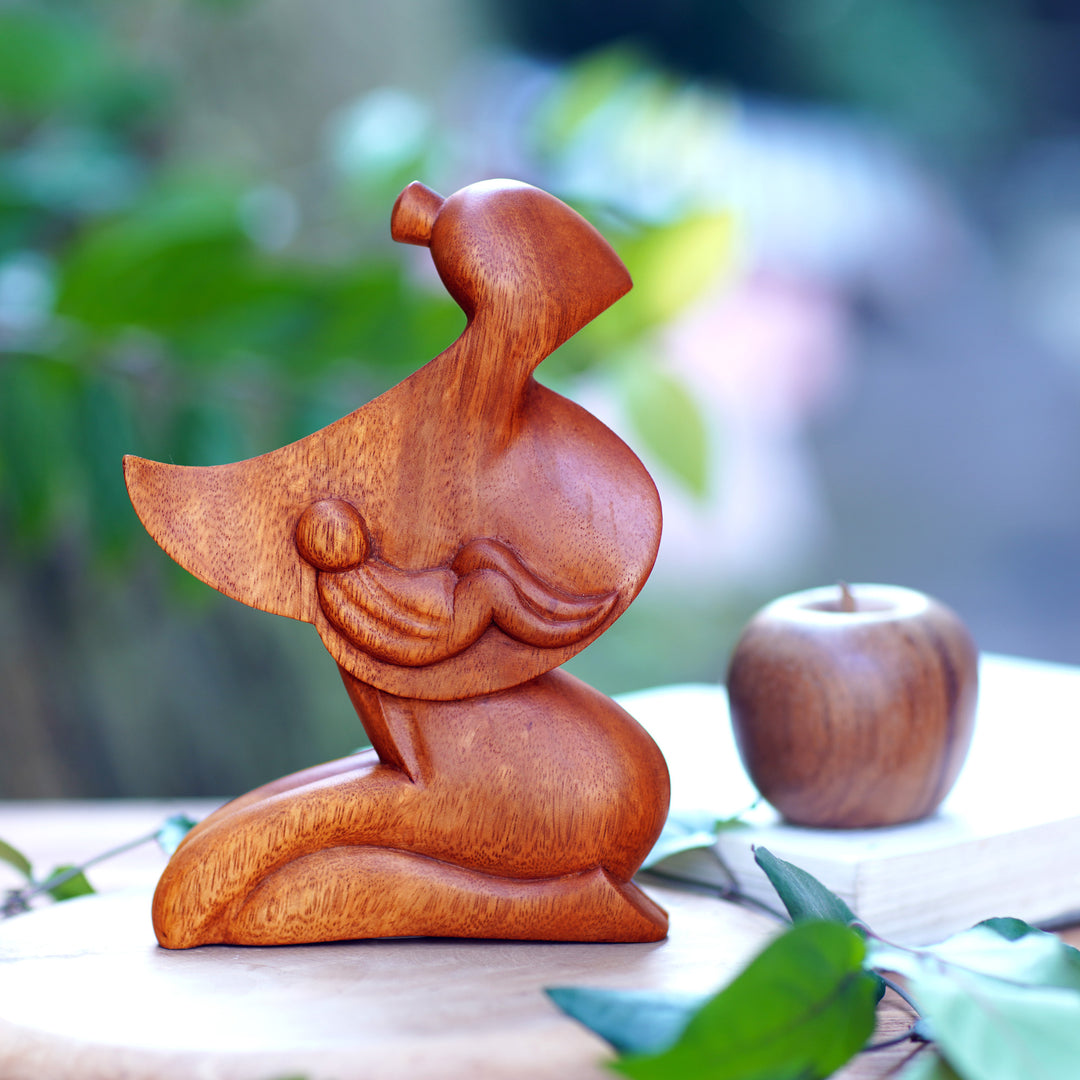 Handcrafted Mother and Child Wood Sculpture - A Mother's Love