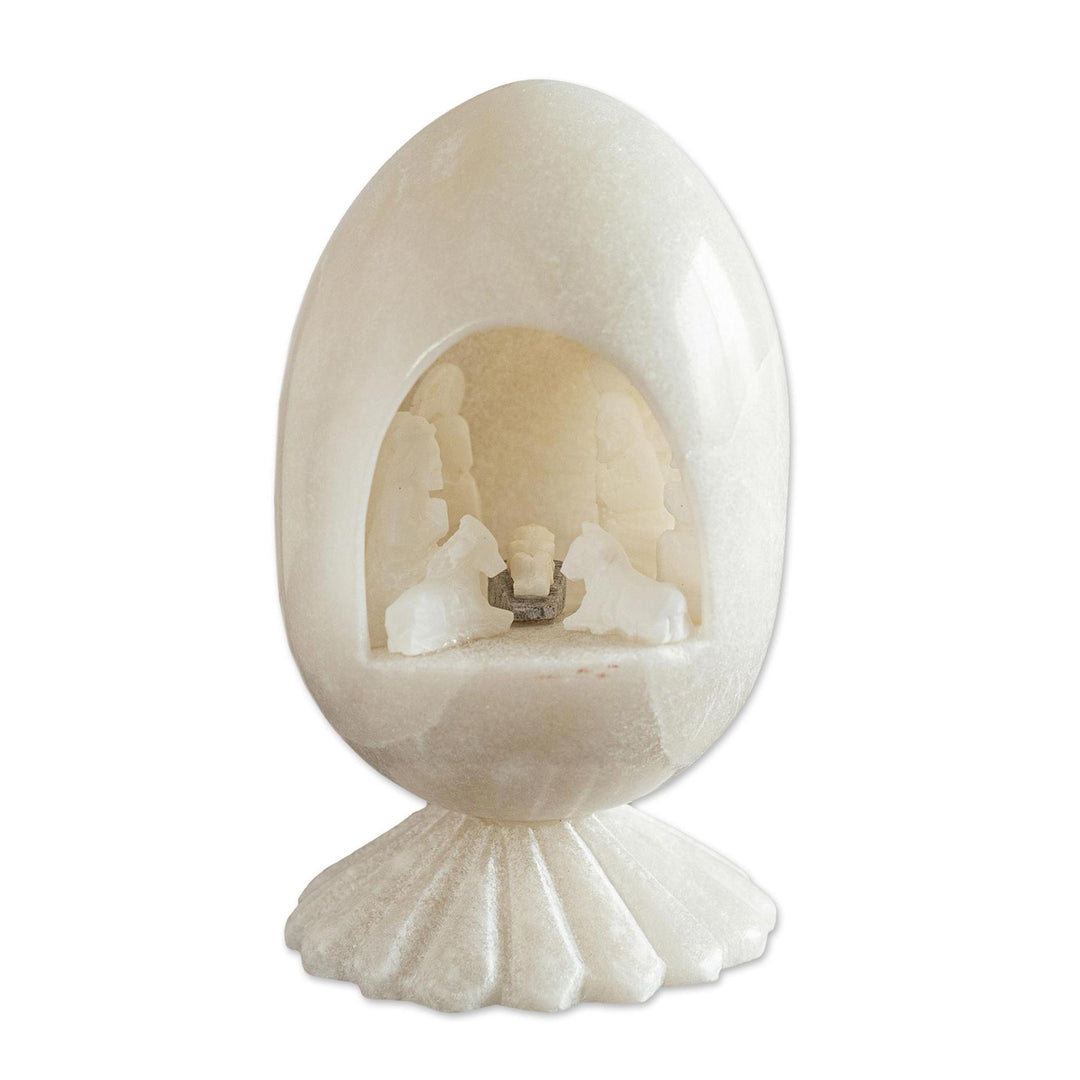 Carved White Huamanga Stone Nativity Egg Sculpture Peru - Holiday of Peace and Love