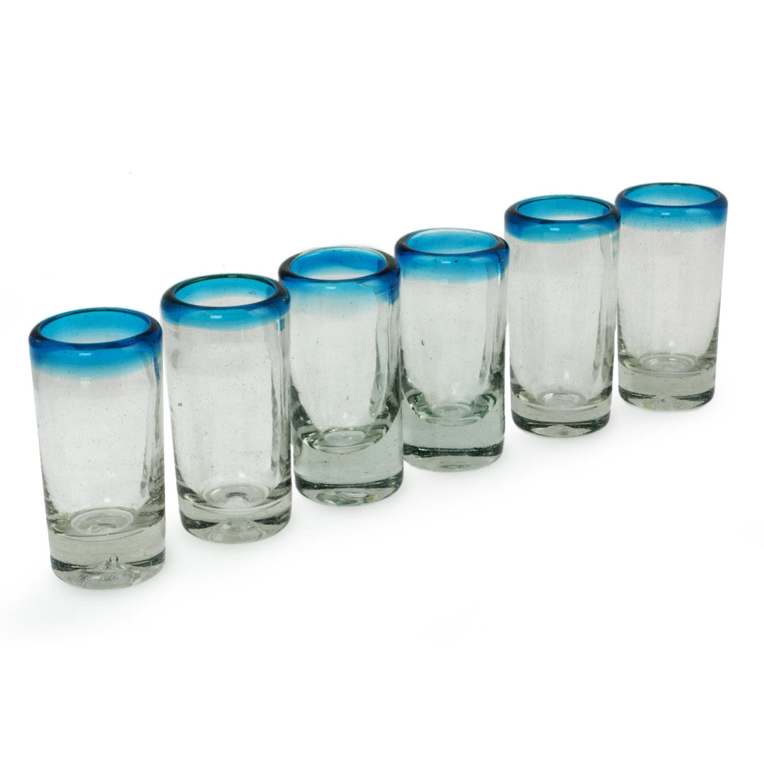 Hand Blown Mexican Tequila Shot Glasses Clear Set of 6 - Aqua Kiss