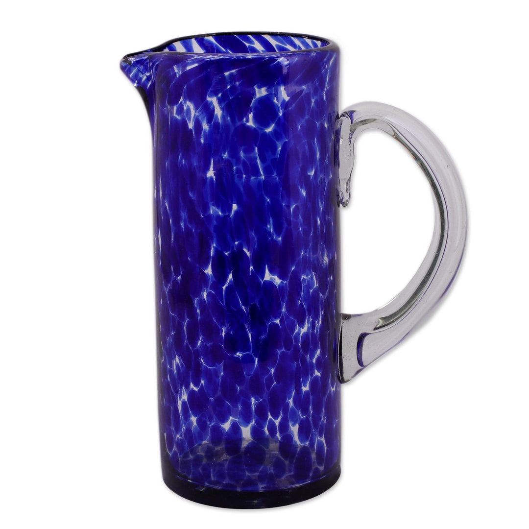 Hand Blown Glass Pitcher 33 Oz Tall Clear Mexico - Dotted Blue