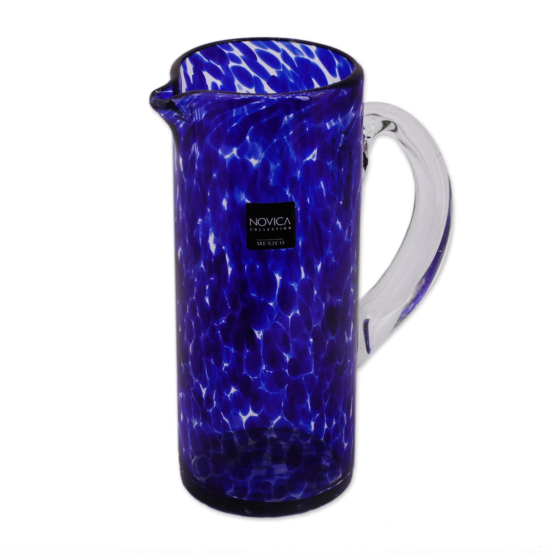 Hand Blown Glass Pitcher 33 Oz Tall Clear Mexico - Dotted Blue