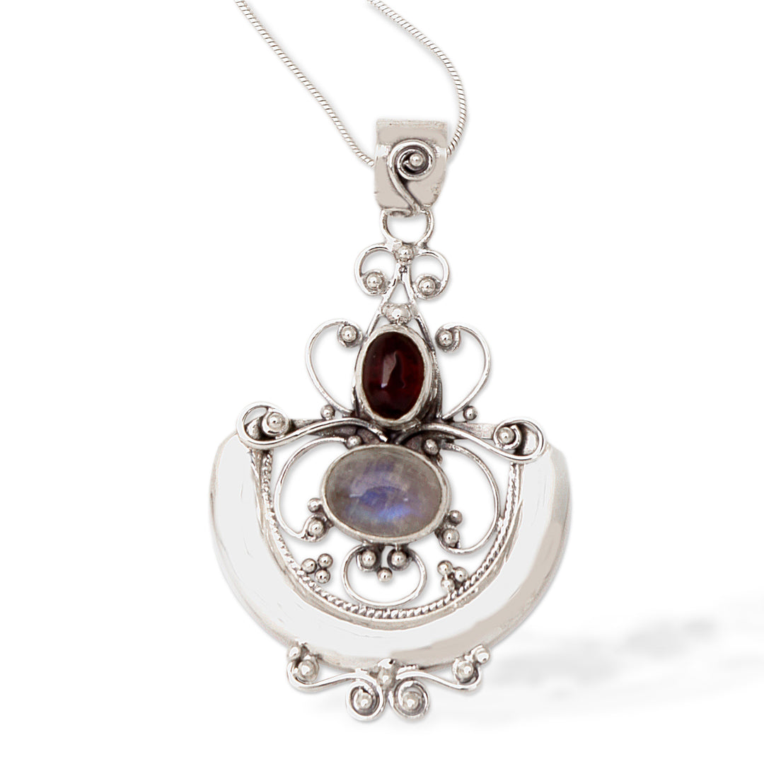 Indonesian Sterling Silver and Rainbow Moonstone Necklace - Arabesque