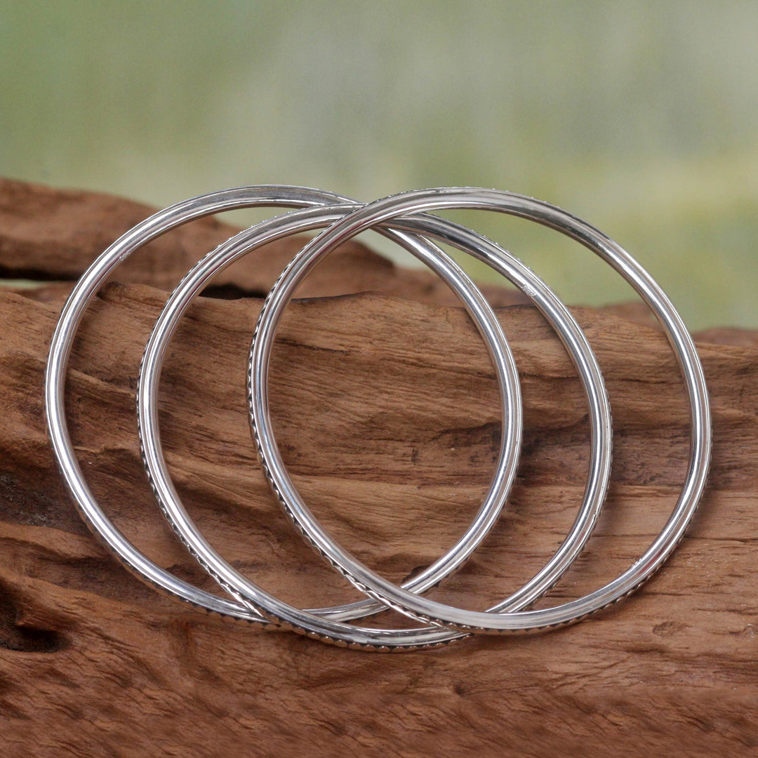Sterling Silver Bangle Bracelets (Set of 3) - Moon Silver