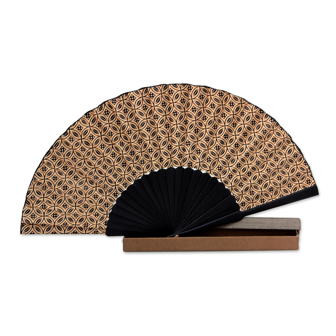 Indonesian Batik Silk Patterned Fan - Golden Rings