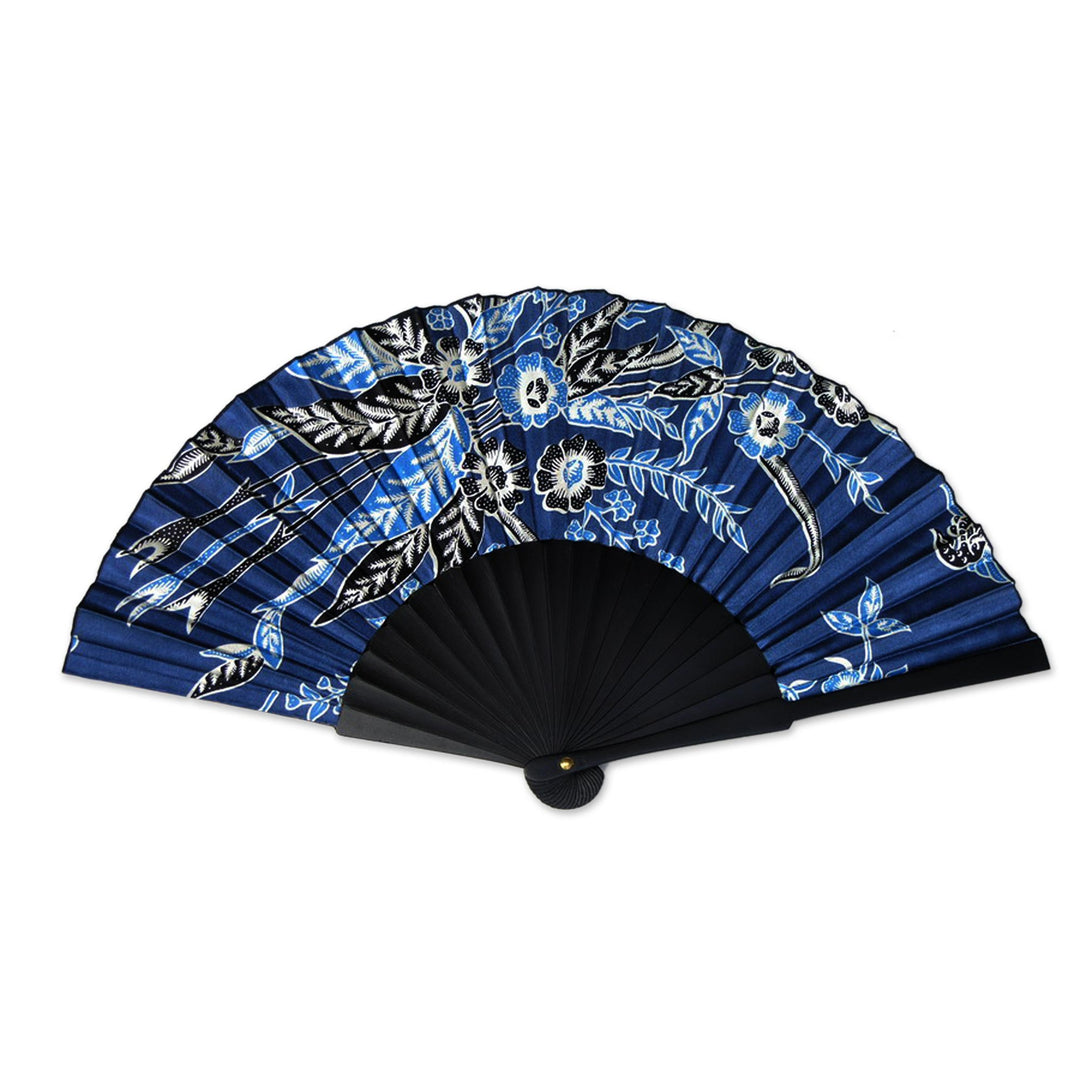 Batik Silk Fan from Indonesia - Deep Blue Blossom