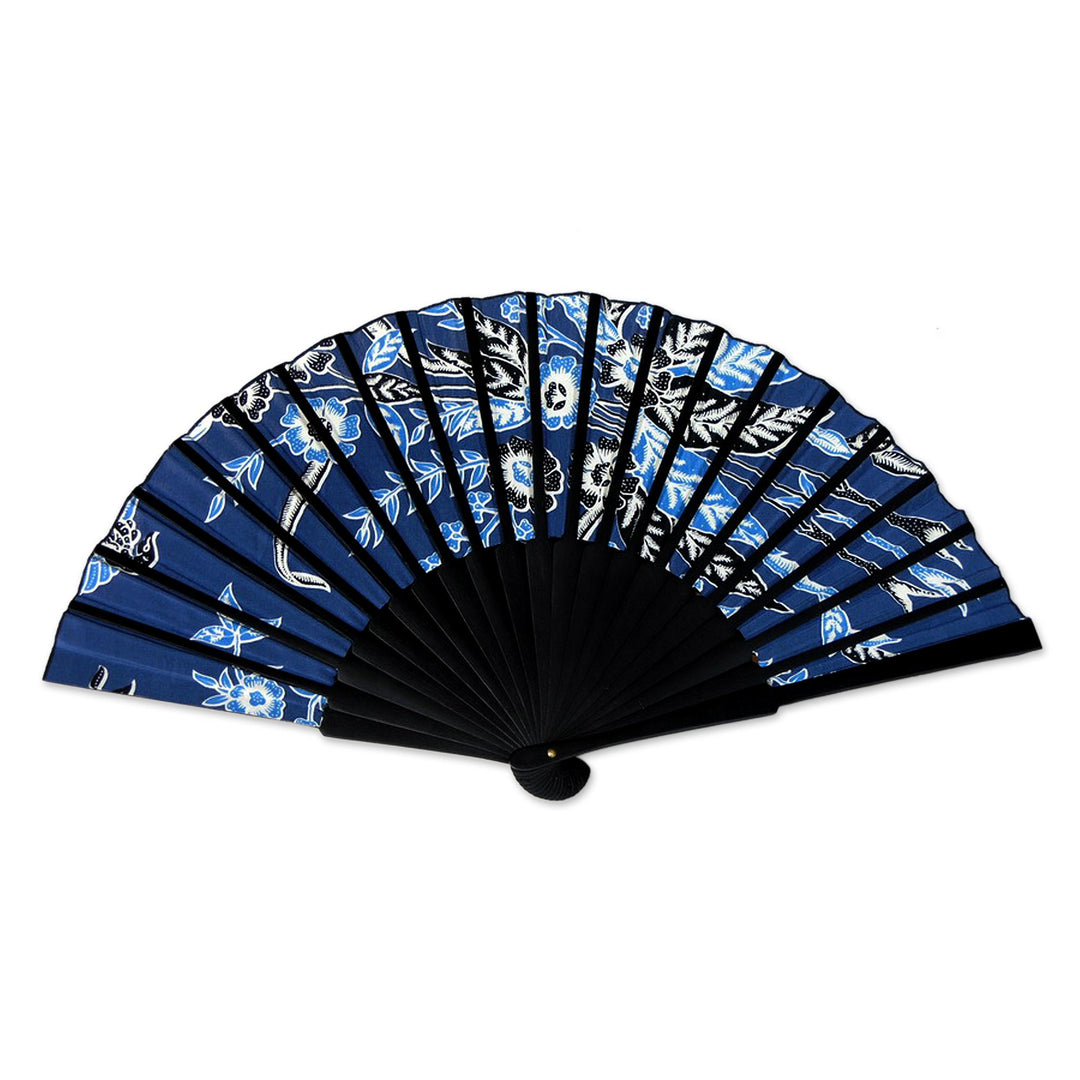 Batik Silk Fan from Indonesia - Deep Blue Blossom
