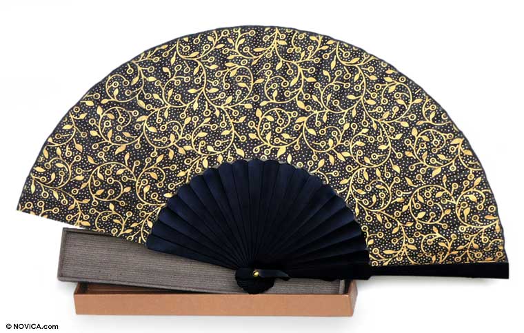 Silk Batik Fan From Indonesia - Golden Vines