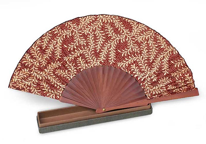 Handcrafted Batik Wood Silk Patterned Fan - Burgundy Fern