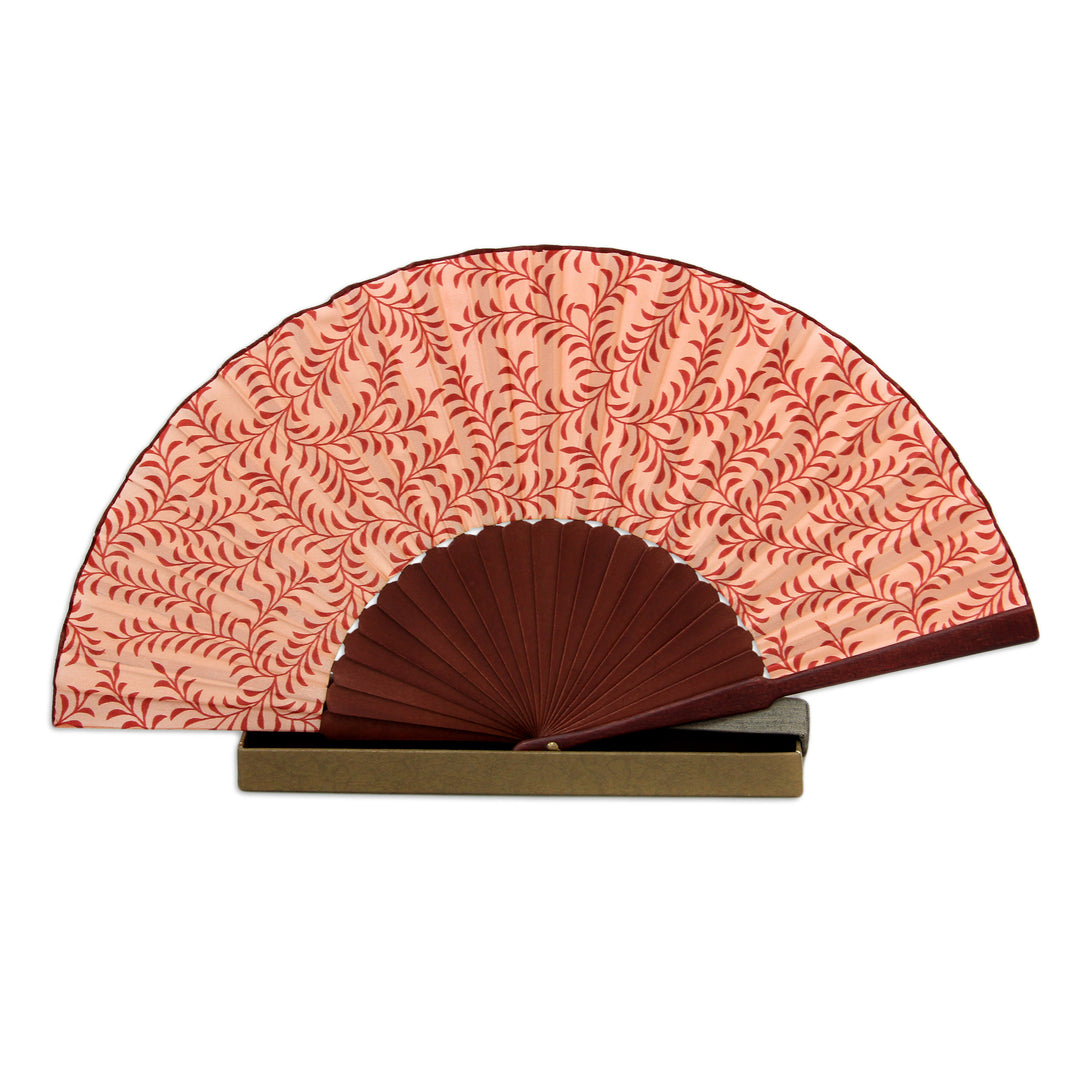 Indonesian Silk Patterned Fan - Red Fern