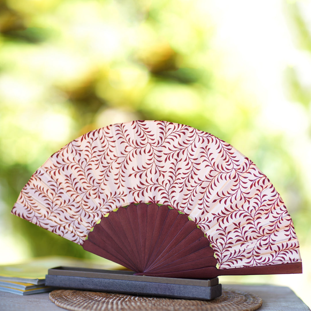 Indonesian Silk Patterned Fan - Red Fern