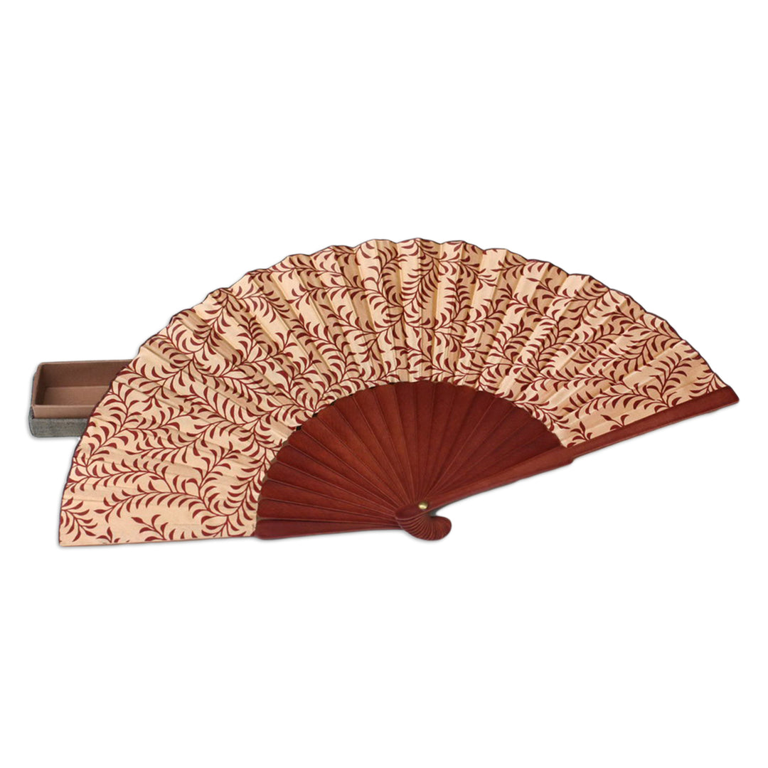 Indonesian Silk Patterned Fan - Red Fern
