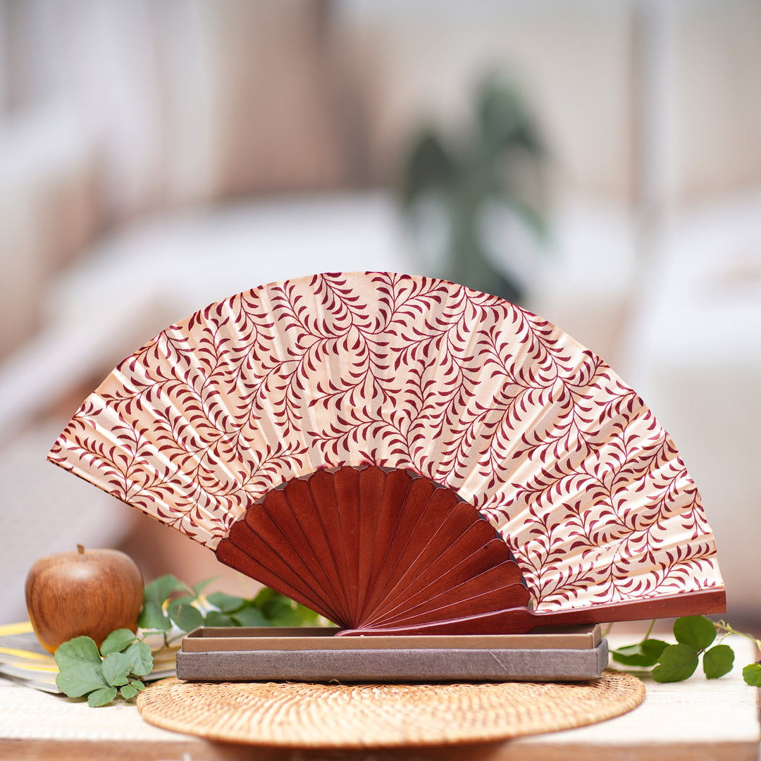 Indonesian Silk Patterned Fan - Red Fern