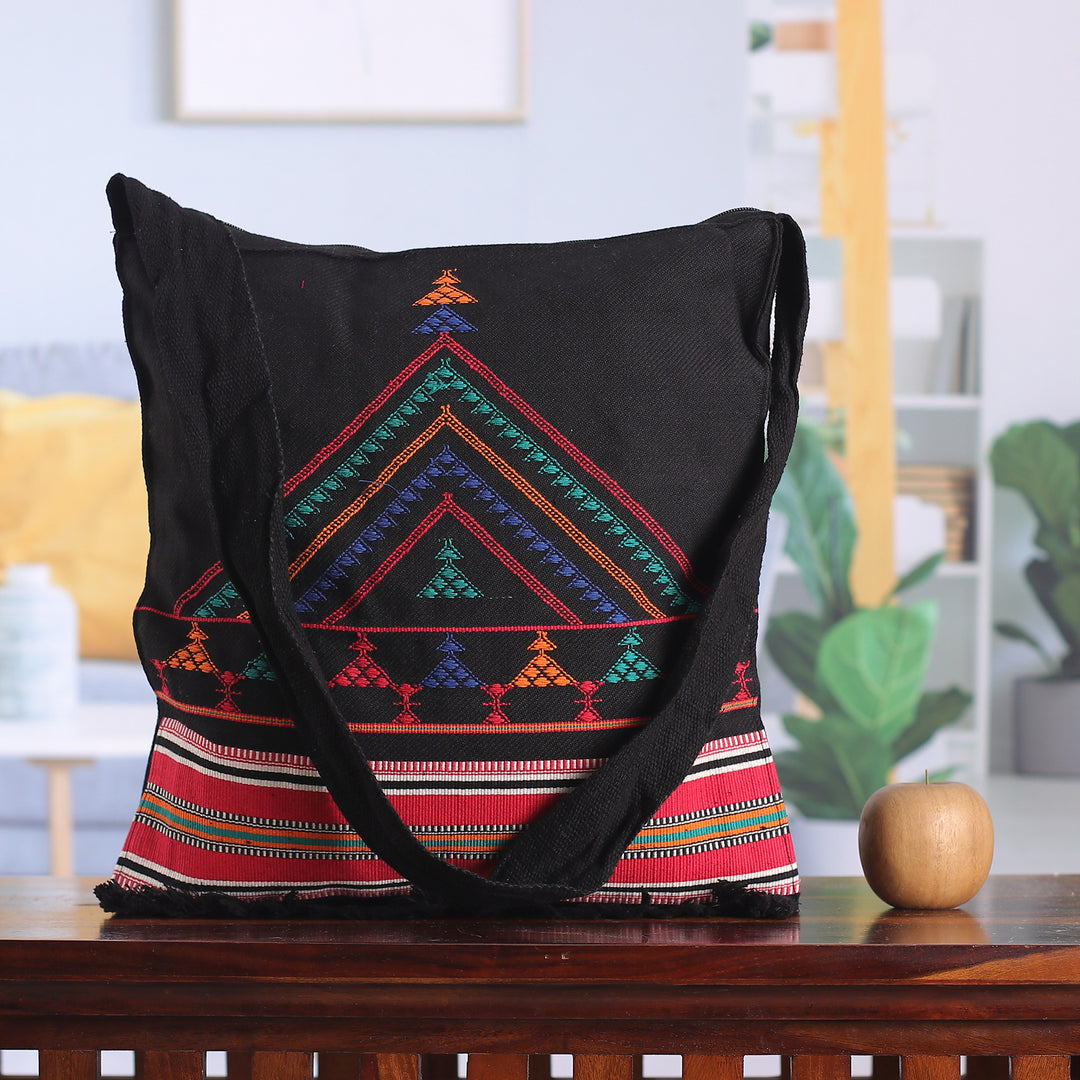Embroidered Cotton Shoulder Bag - Night Colors