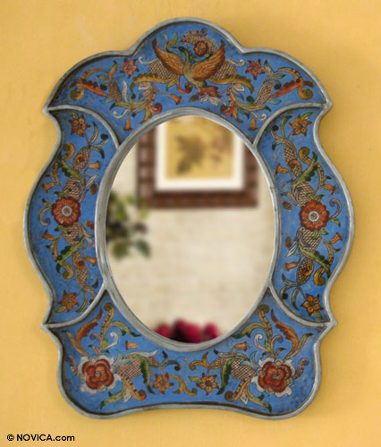 Reverse Painted Glass Decorative Wall Mirror - Floral Sky