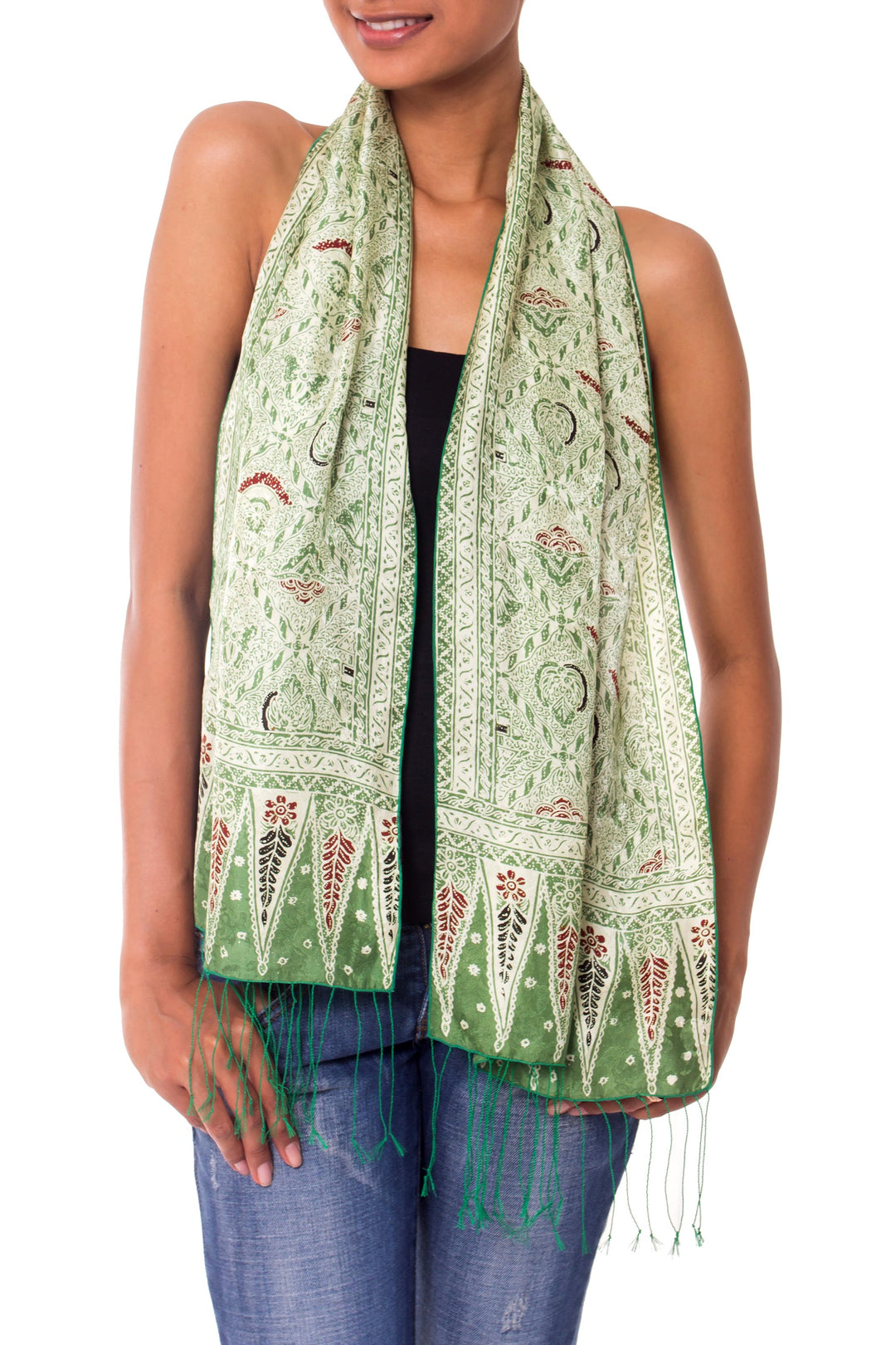 Hand Made Floral Silk Batik Scarf - Royal Java Green