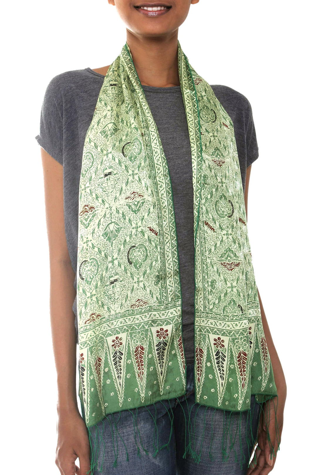 Hand Made Floral Silk Batik Scarf - Royal Java Green