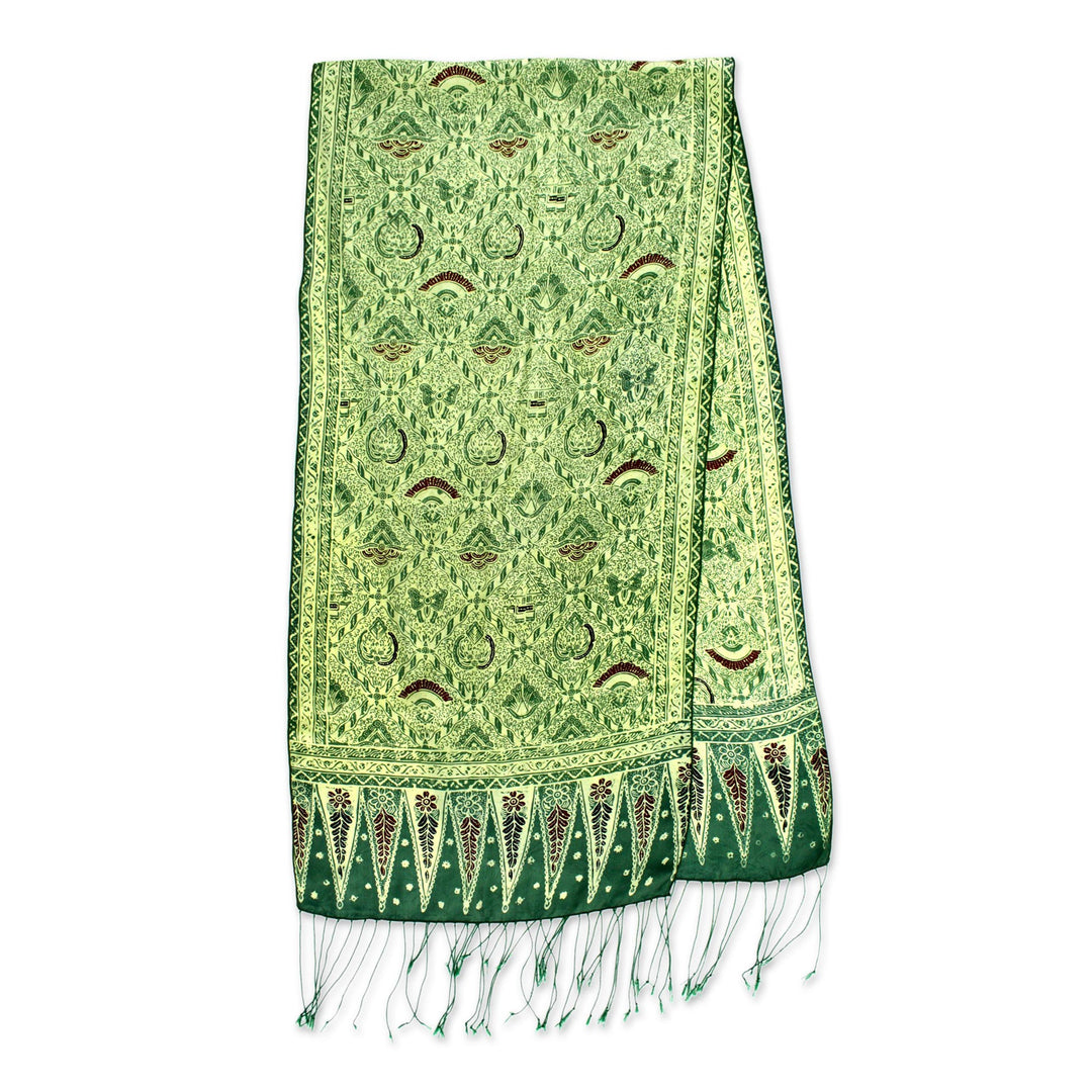 Hand Made Floral Silk Batik Scarf - Royal Java Green