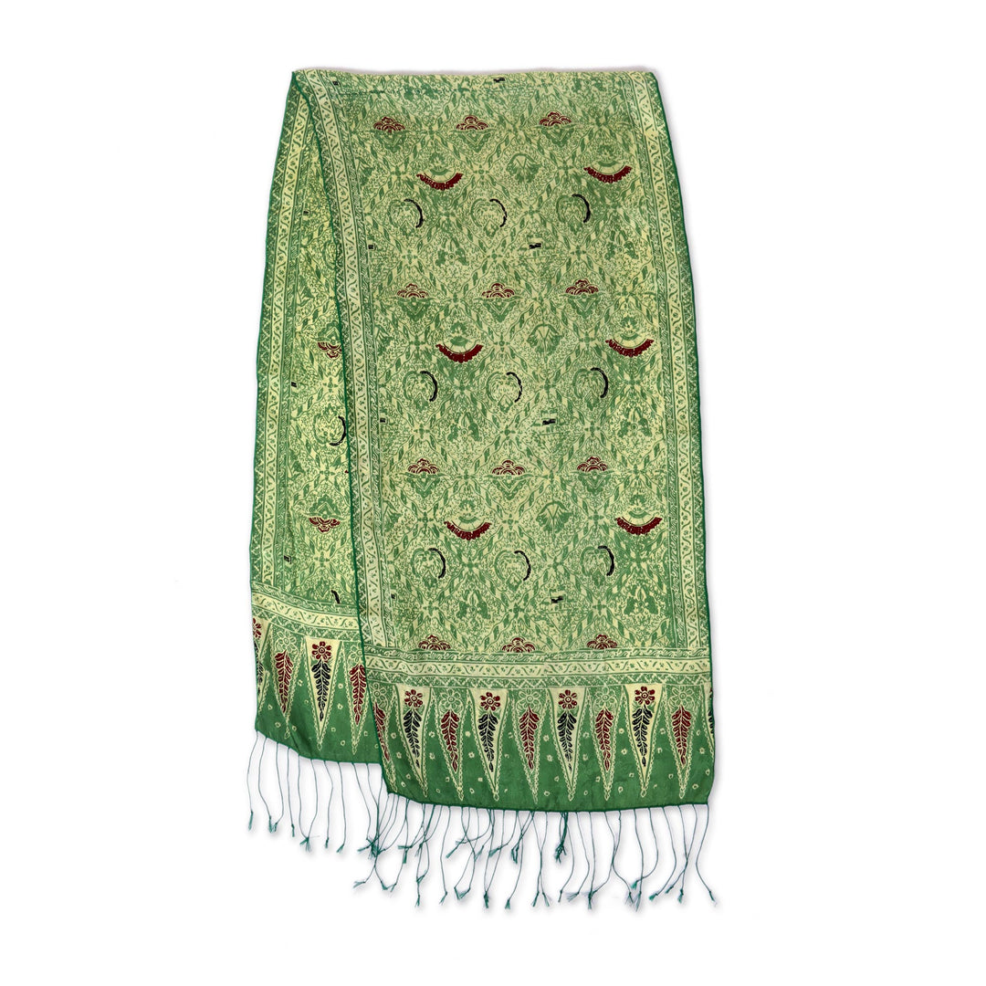 Hand Made Floral Silk Batik Scarf - Royal Java Green