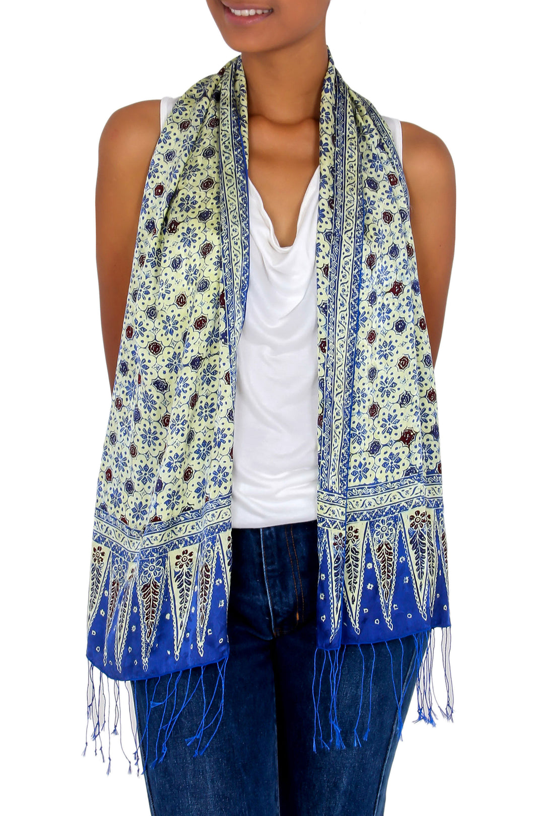 Batik Silk Scarf from Indonesia - Blue Jasmine