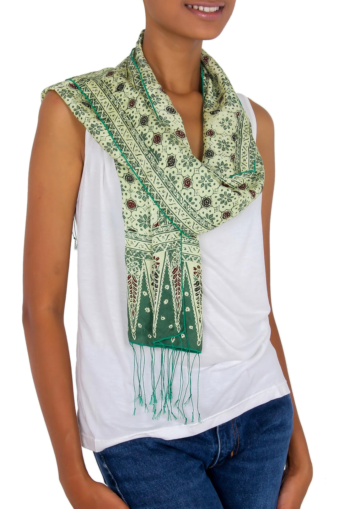 Green Batik Silk Scarf - Jade Jasmine