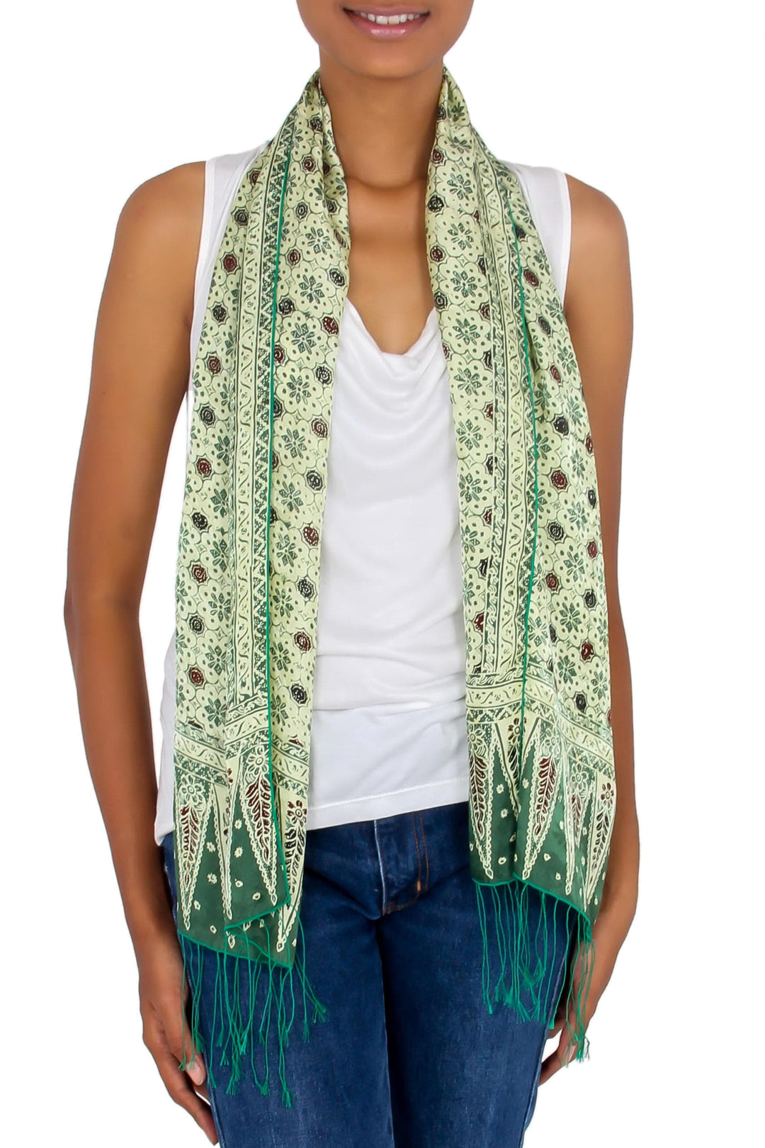 Green Batik Silk Scarf - Jade Jasmine