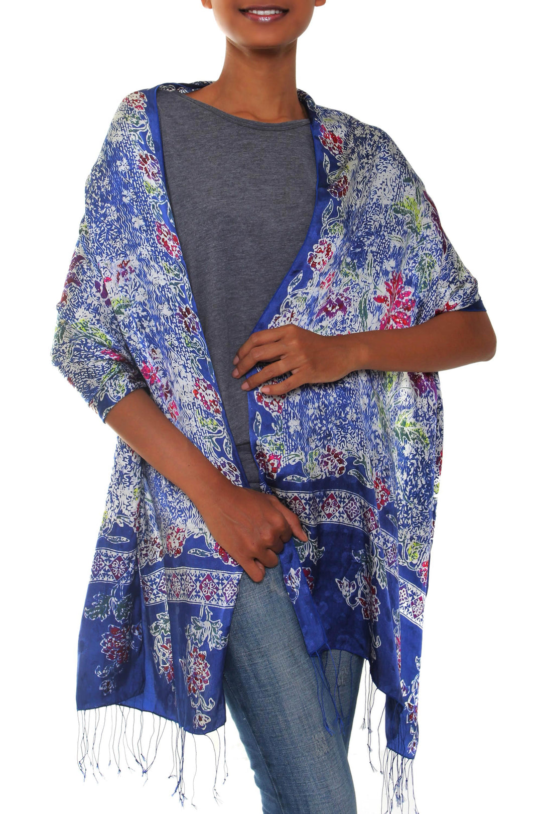 Blue Batik Silk Shawl - Sapphire Mums