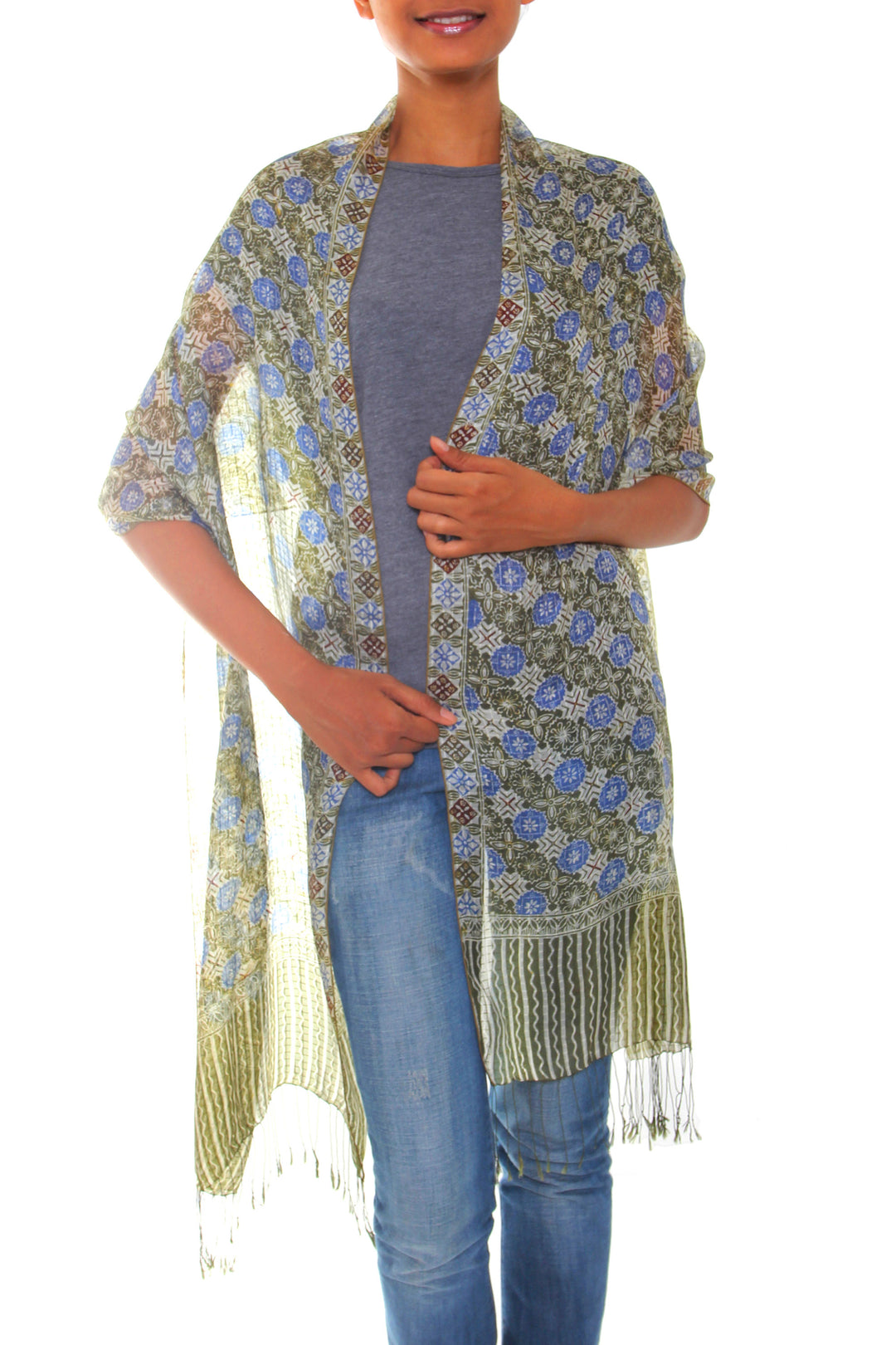 Handcrafted Batik Silk Patterned Shawl - Floral Stars