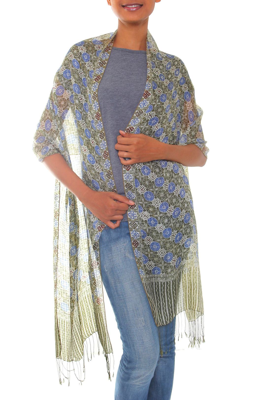 Handcrafted Batik Silk Patterned Shawl - Floral Stars
