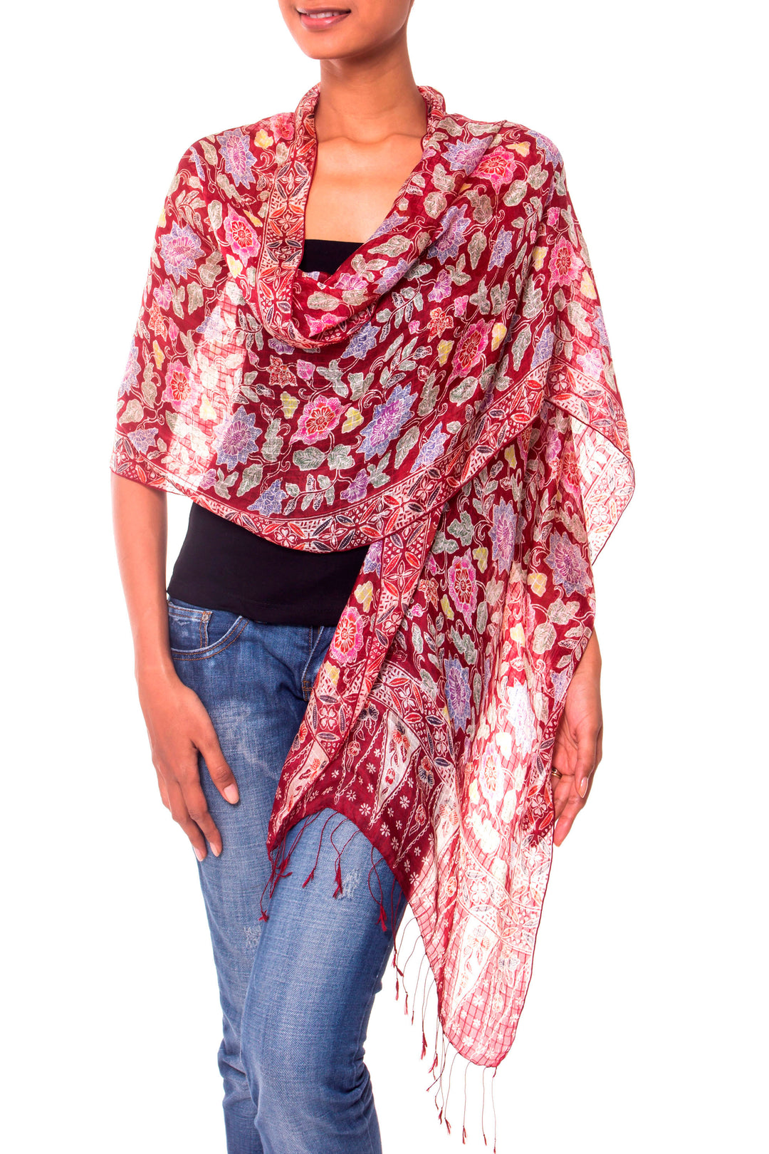 Artisan Crafted Batik Silk Shawl Wrap - Wine Garden