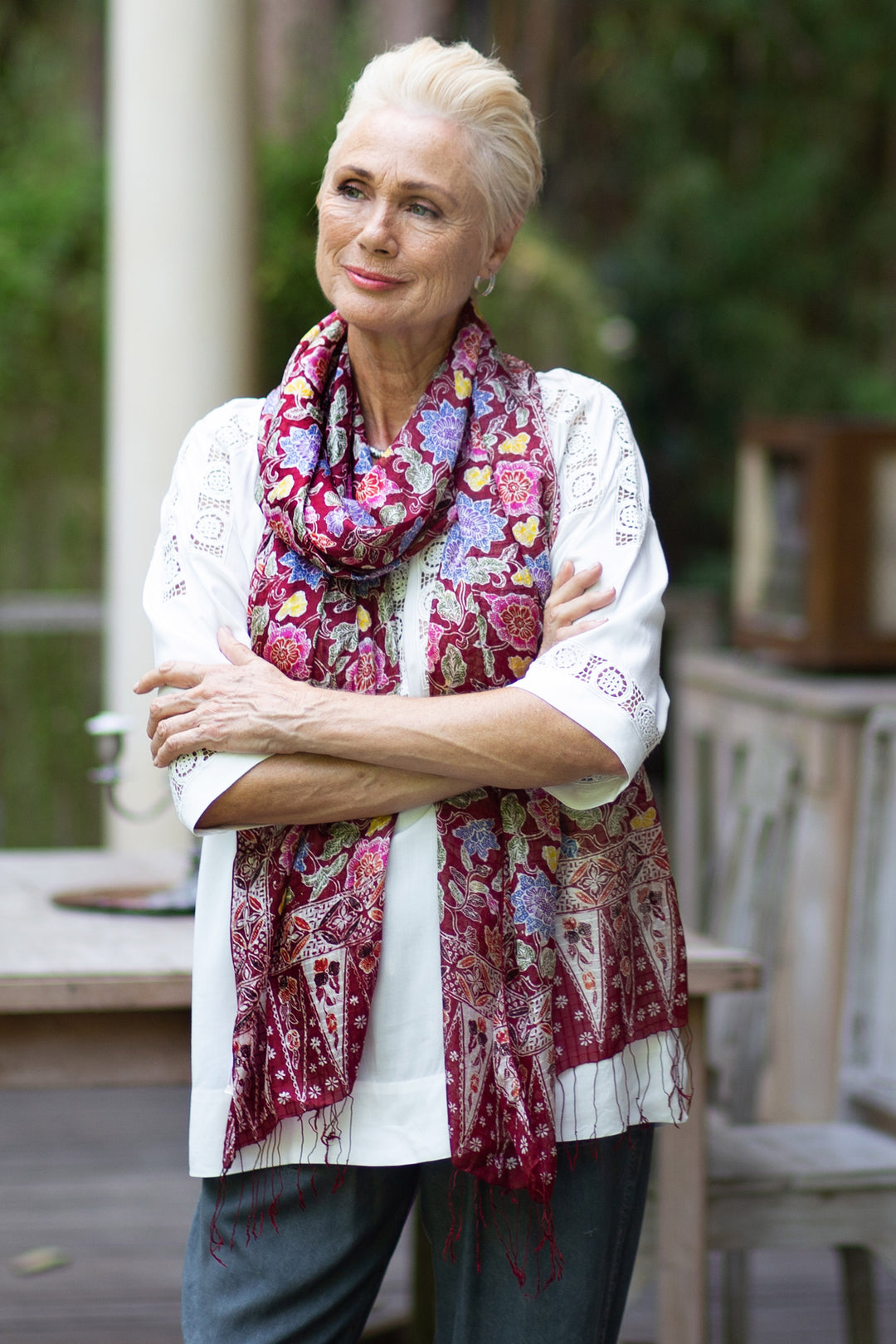Artisan Crafted Batik Silk Shawl Wrap - Wine Garden