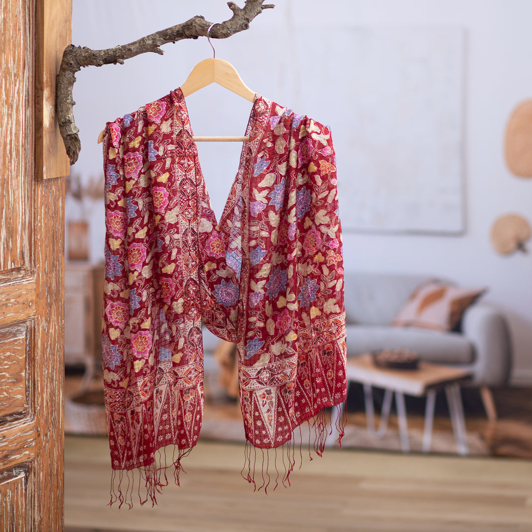 Artisan Crafted Batik Silk Shawl Wrap - Wine Garden