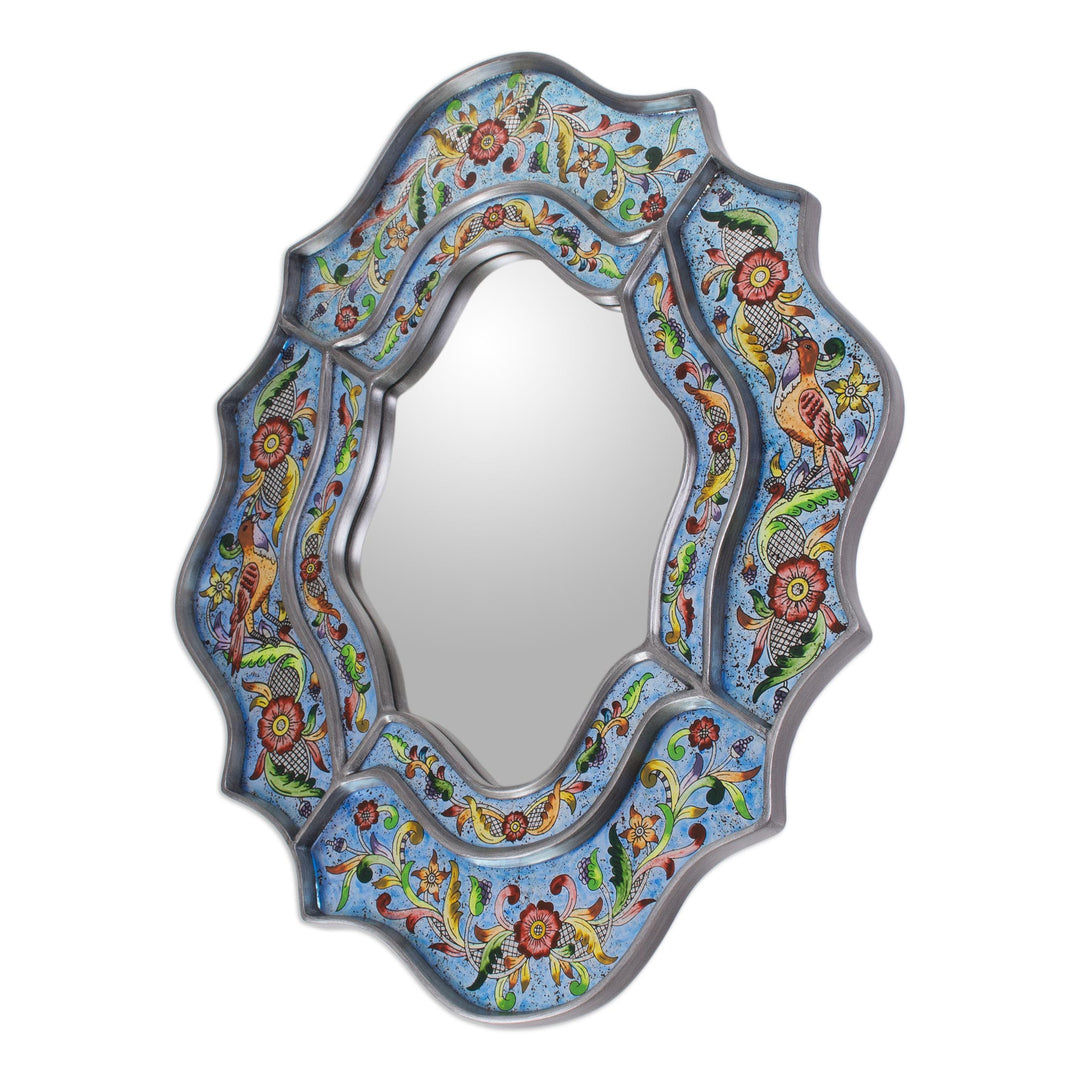 Artisan Made Reverse Painted Glass Wall Mirror - Blue Sky