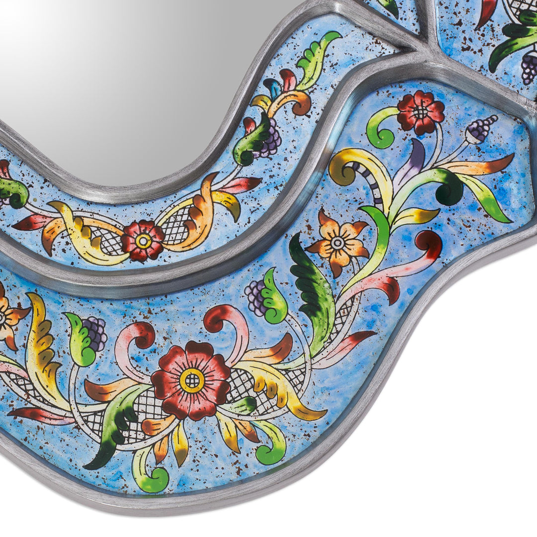 Artisan Made Reverse Painted Glass Wall Mirror - Blue Sky