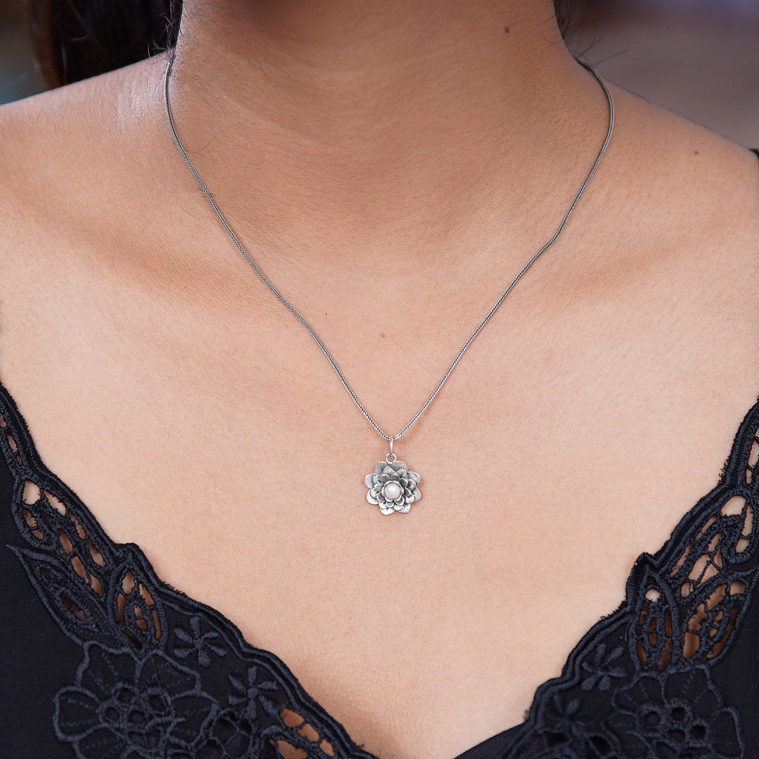 Sterling Silver and Pearl Pendant Necklace - Sacred White Lotus