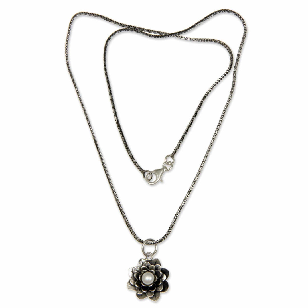 Sterling Silver and Pearl Pendant Necklace - Sacred White Lotus