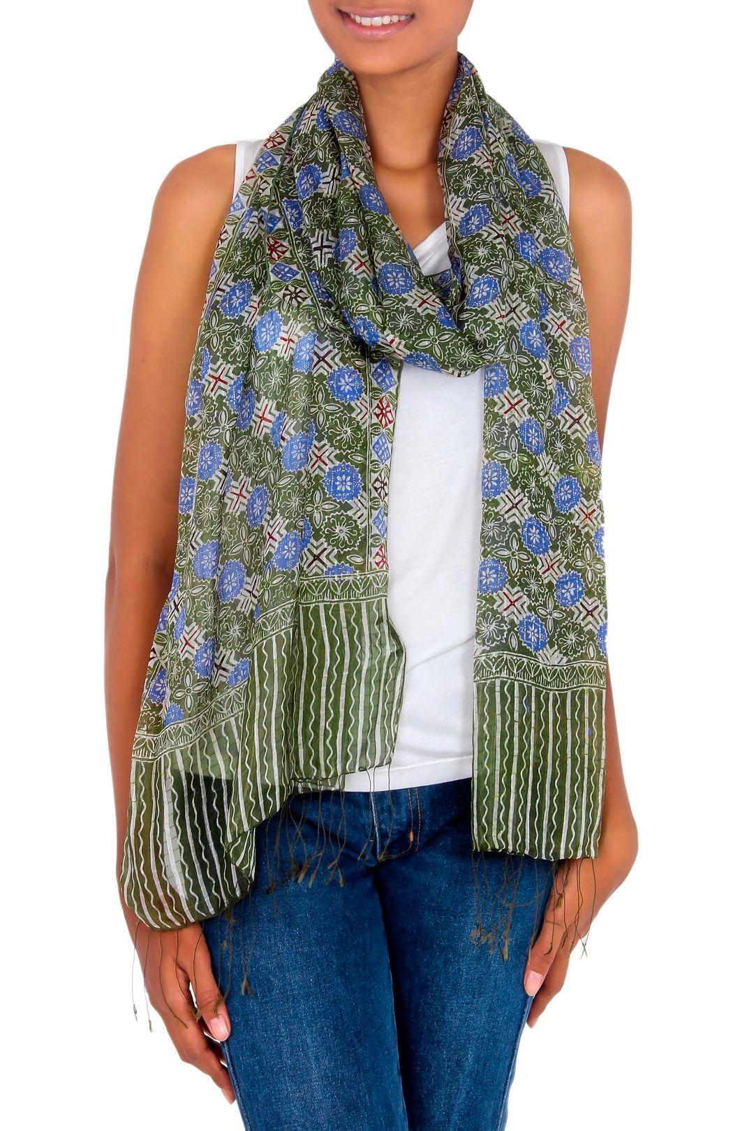Indonesian Floral Silk Shawl - Blue Floral Stars