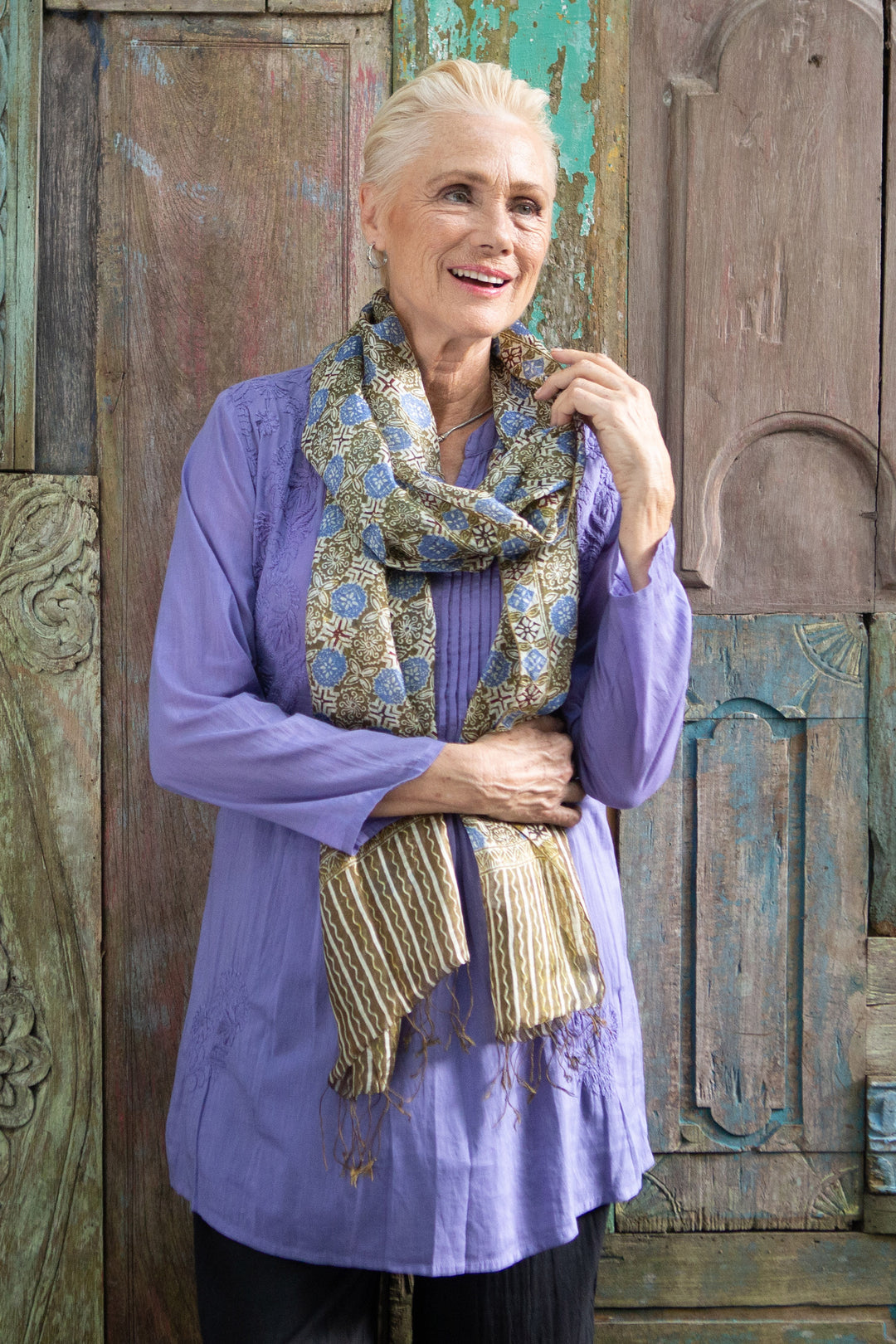 Indonesian Floral Silk Shawl - Blue Floral Stars