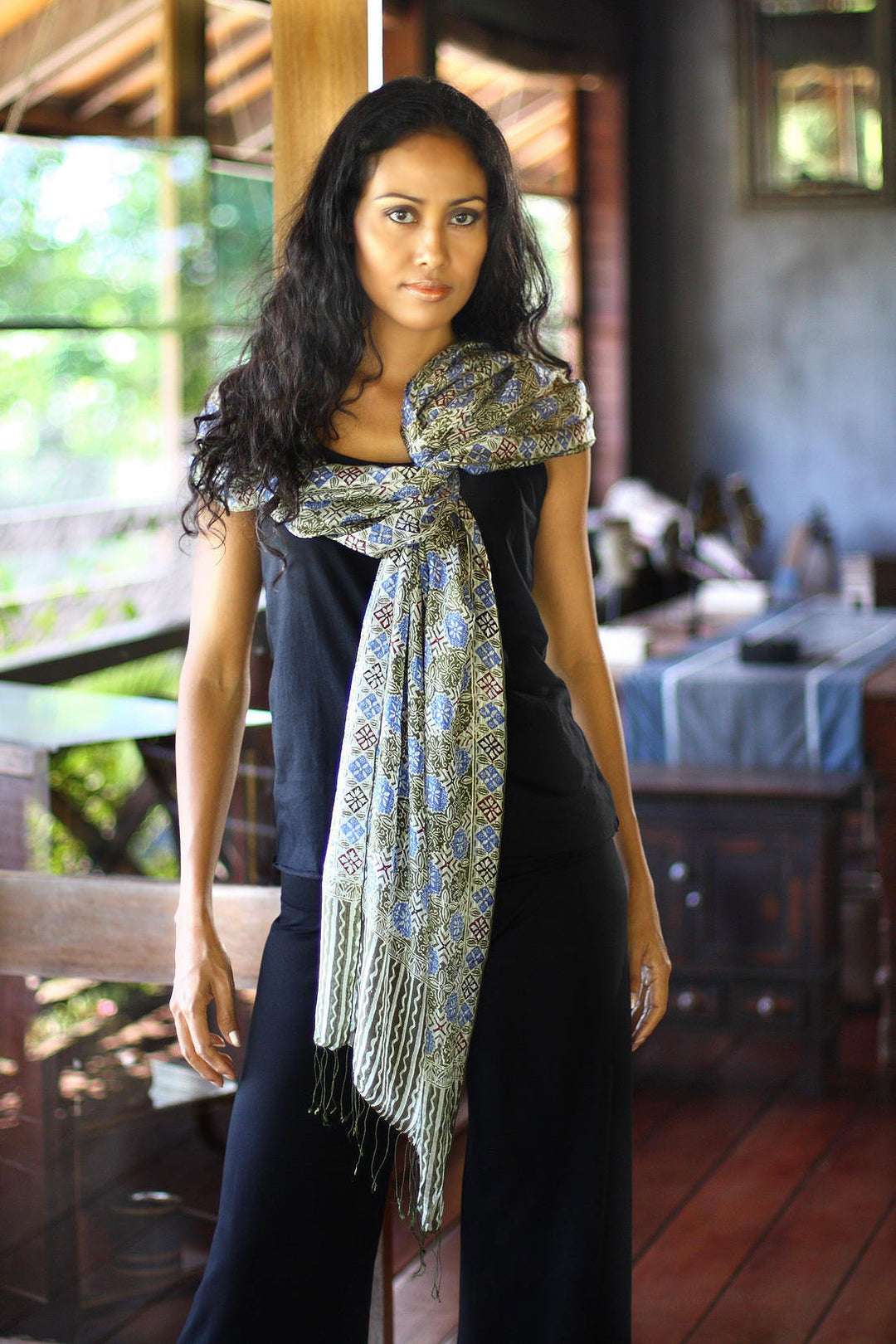 Indonesian Floral Silk Shawl - Blue Floral Stars
