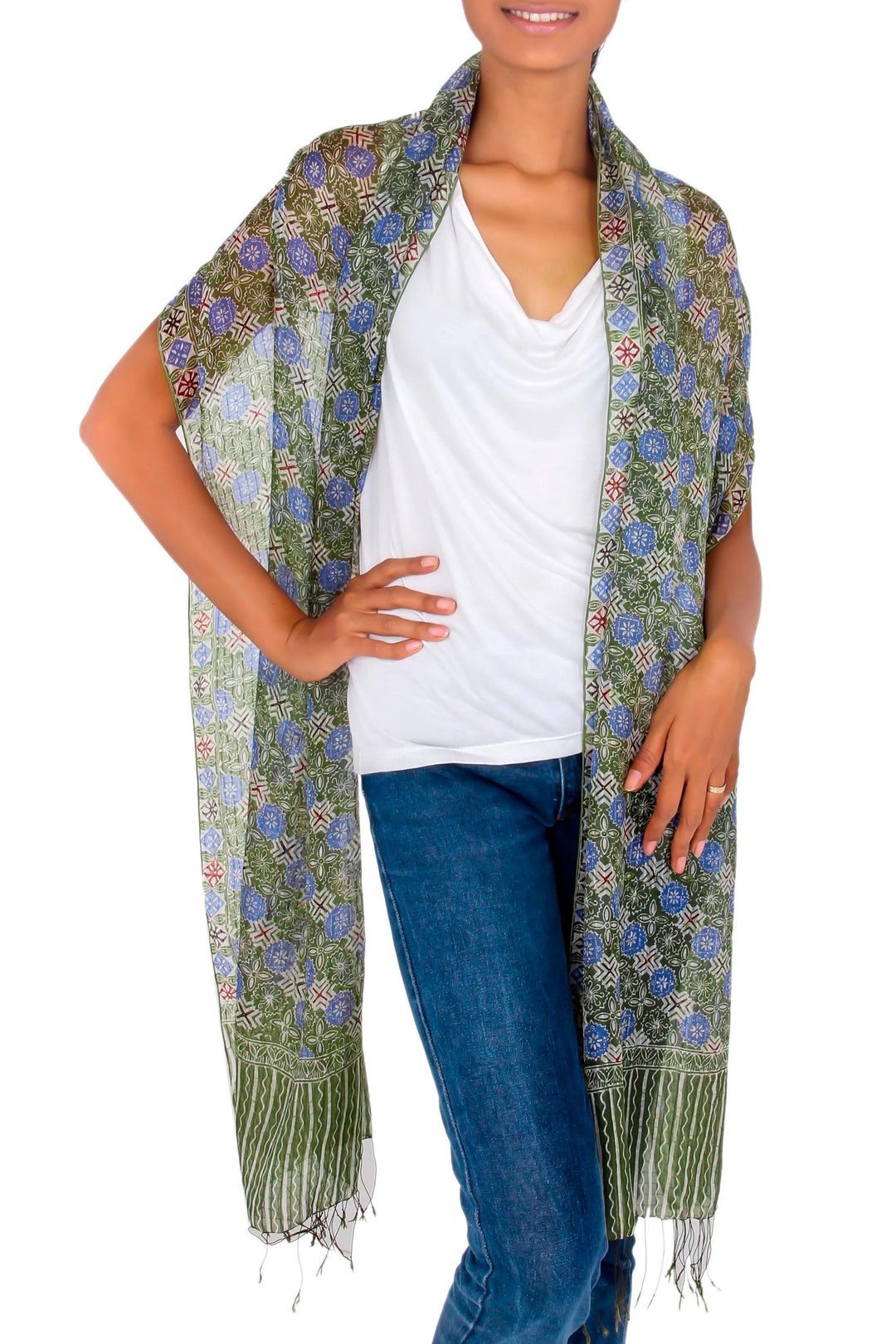 Indonesian Floral Silk Shawl - Blue Floral Stars