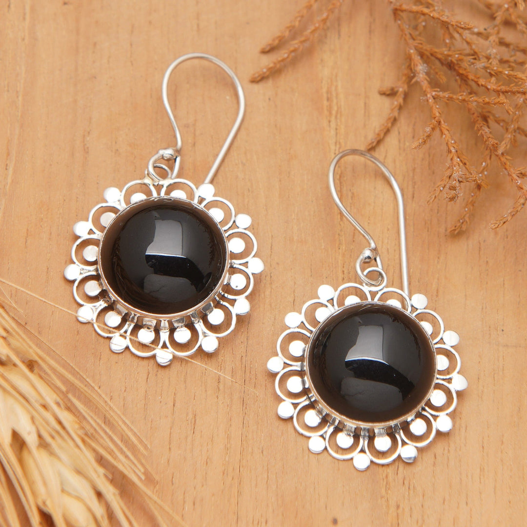 Floral Sterling Silver Onyx Dangle Earrings - Lacy Halo