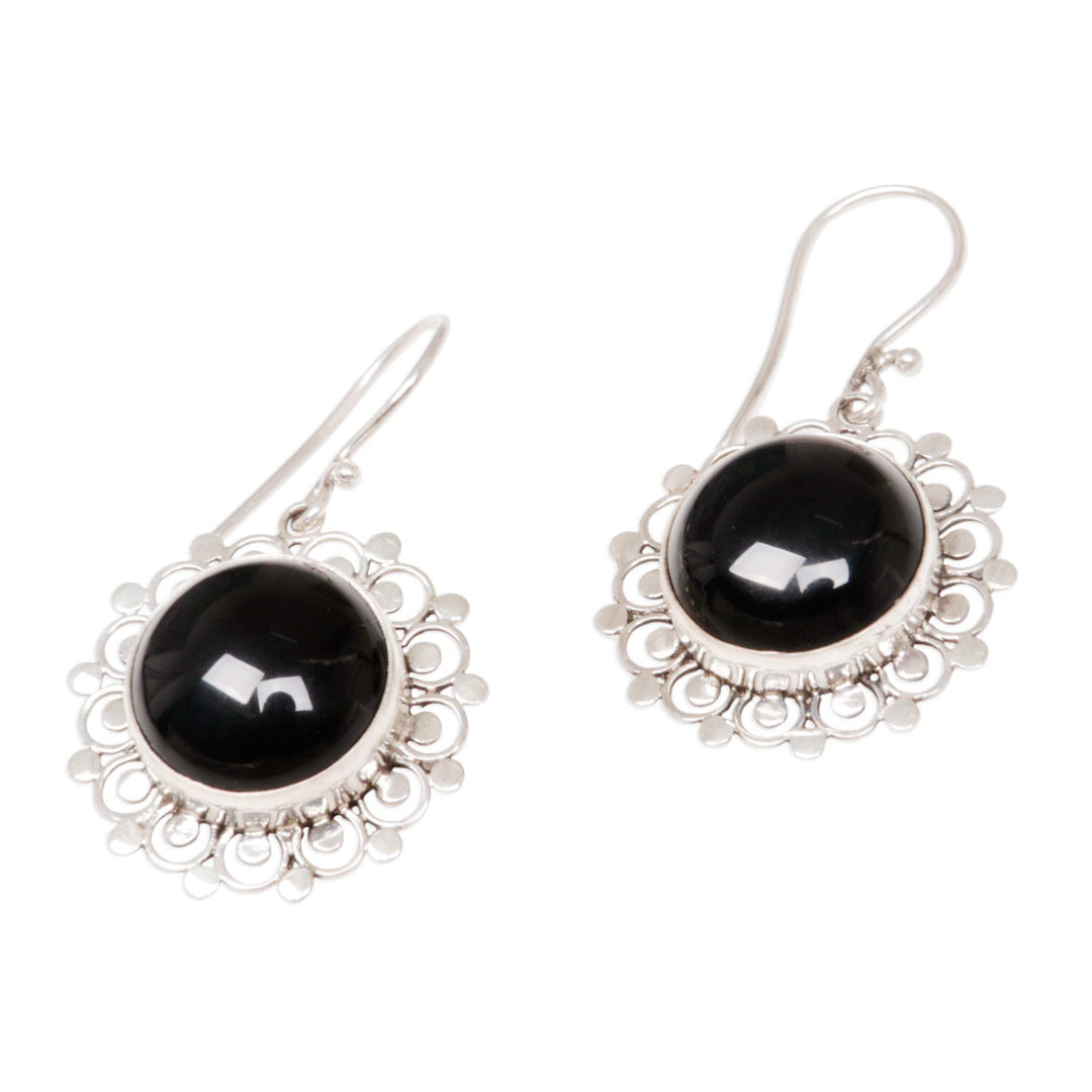 Floral Sterling Silver Onyx Dangle Earrings - Lacy Halo