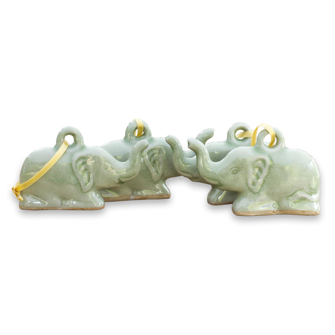 Fair Trade Celadon Ceramic Christmas Ornaments (Set of 4) - Green Holiday Elephants