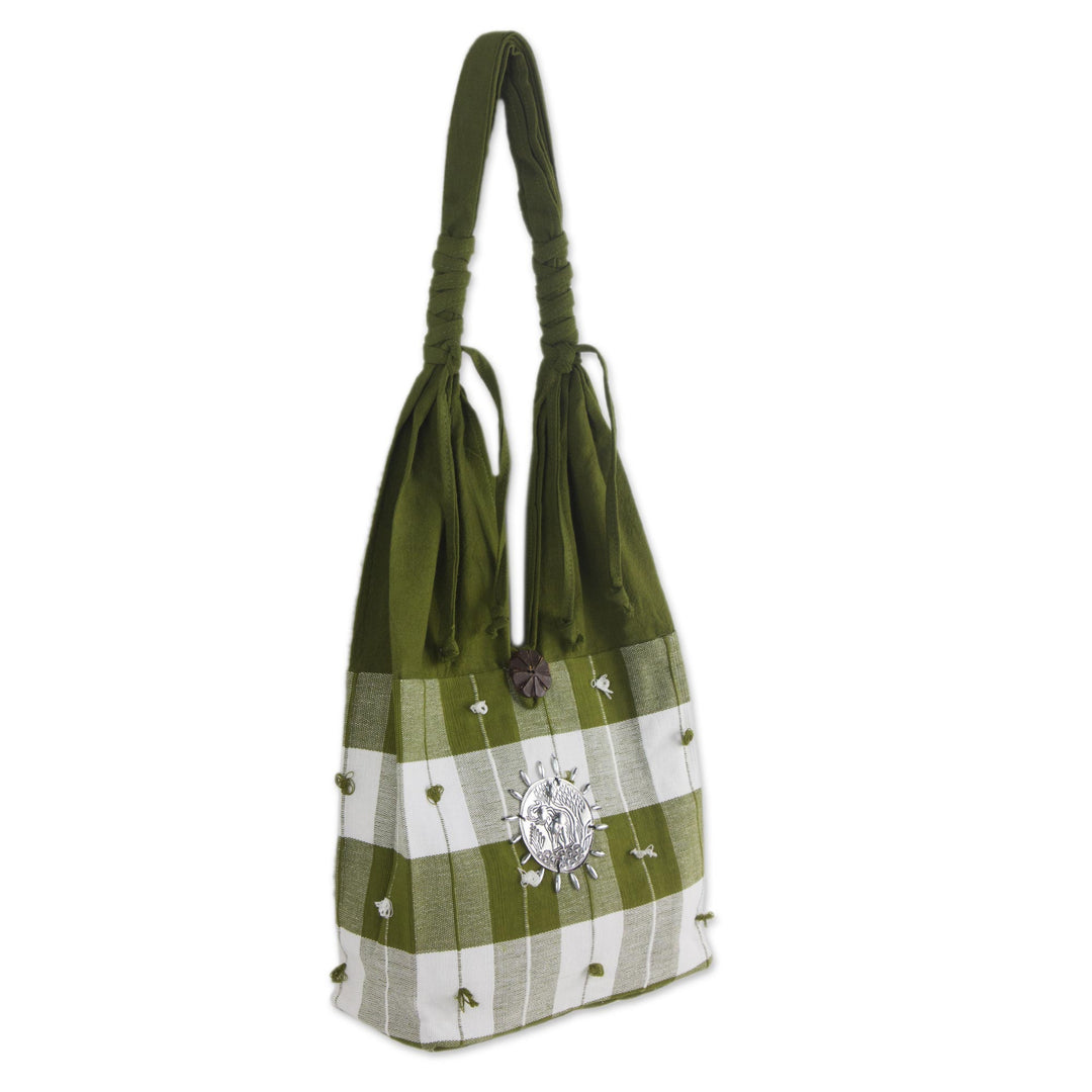Patterned Cotton Shoulder Bag from Thailand - Green Plaid Elephant