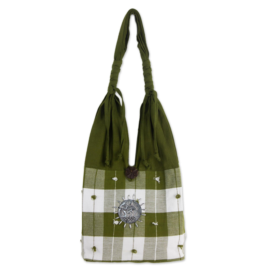 Patterned Cotton Shoulder Bag from Thailand - Green Plaid Elephant
