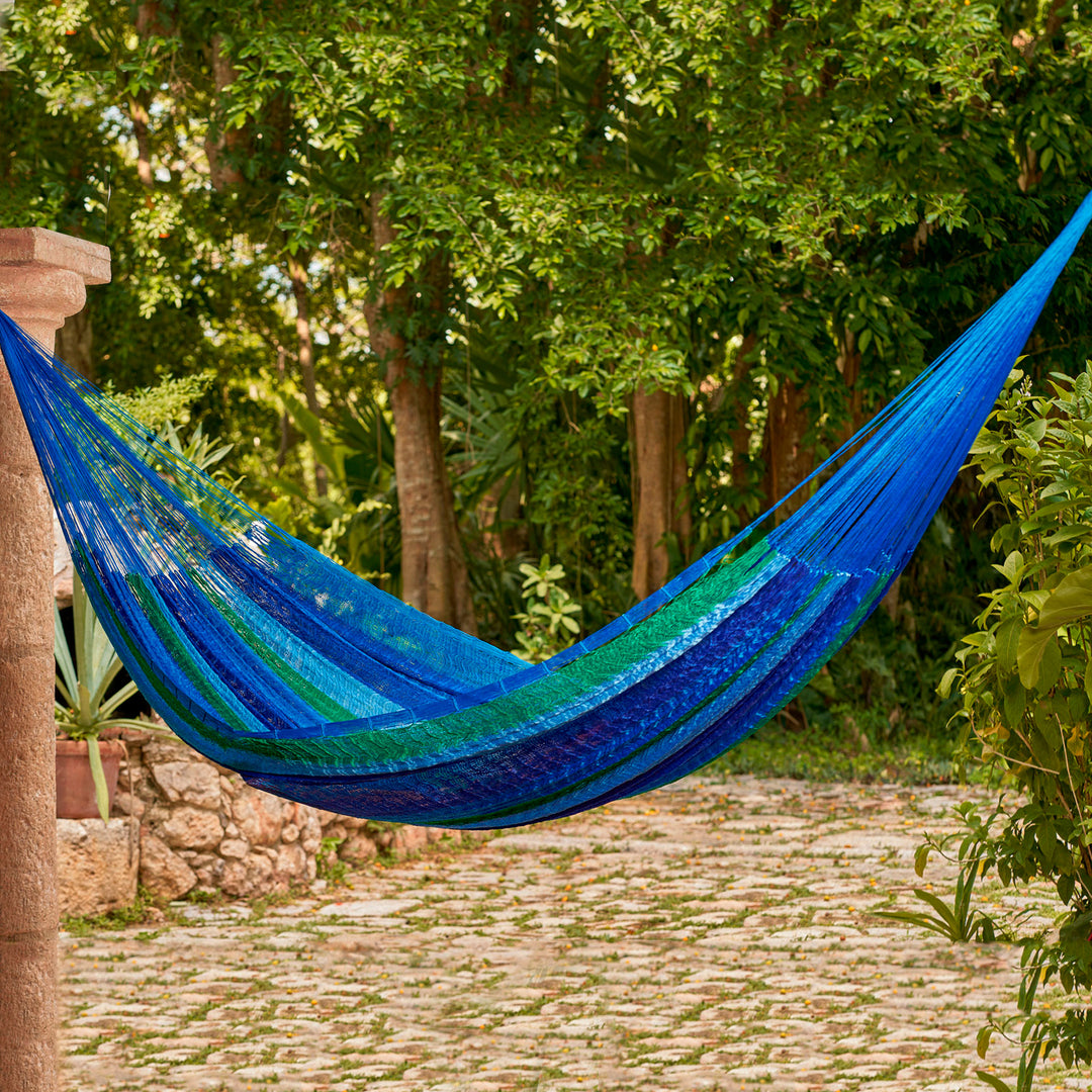Artisan Crafted Striped Rope Hammock (Single) - Sea Breeze