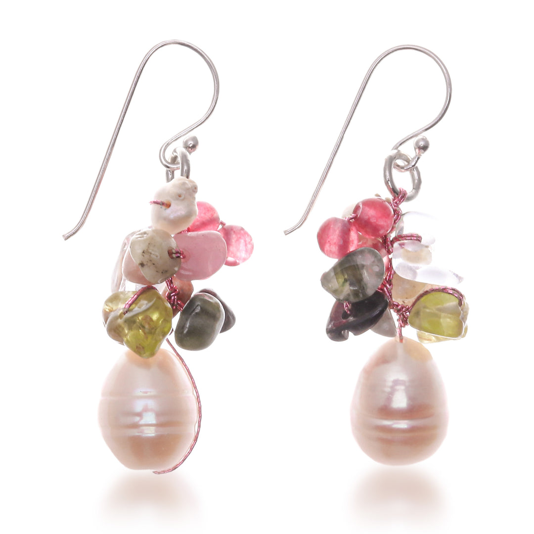 Pearl and peridot cluster earrings - Rosy Dawn