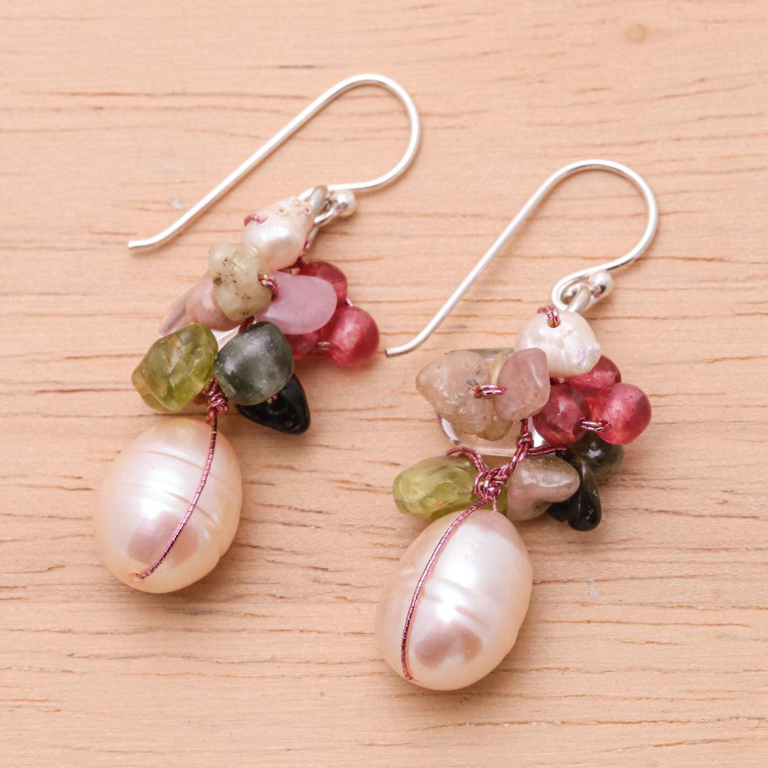 Pearl and peridot cluster earrings - Rosy Dawn