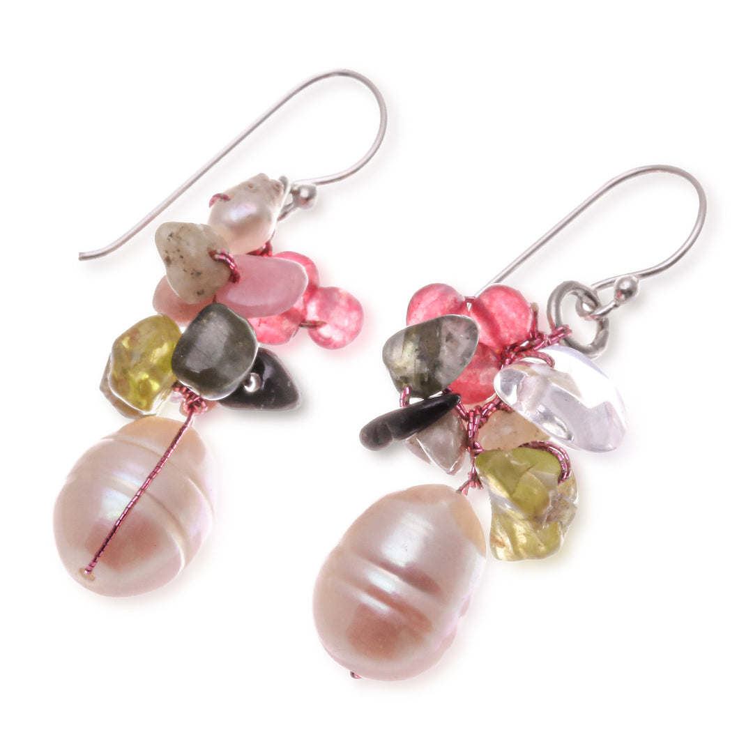 Pearl and peridot cluster earrings - Rosy Dawn